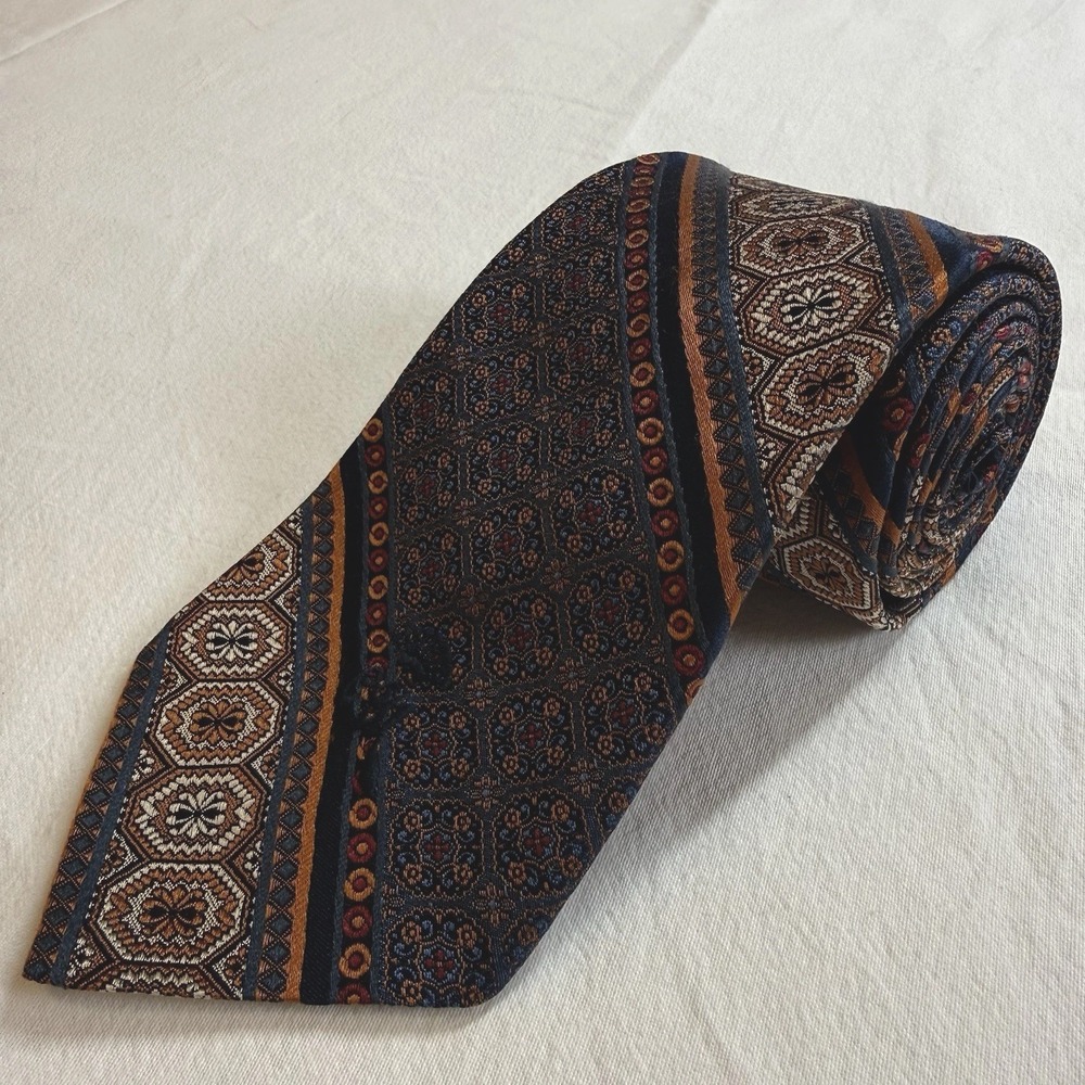 Vintage Julius Lewis Silk Necktie Countess Wara New York Blue Rust Jacquard Tie